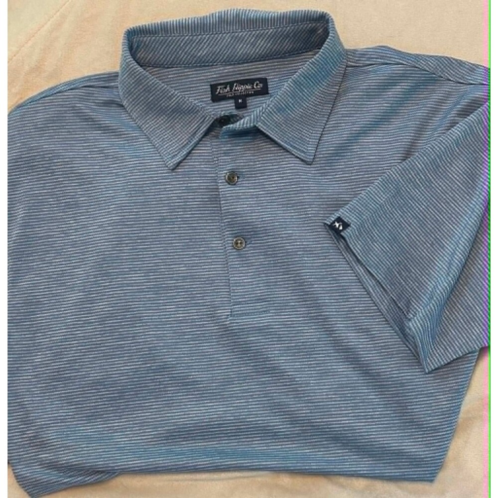 Fish Hippie Co Men’s Performance Polo Shirt Size M Blue Stripe Golf Beach